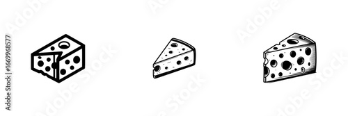 Cheese wedges and block with holes, hand-drawn style, minimalist monochrome icons