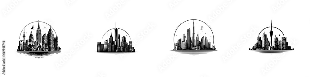 Fototapeta premium Diverse city skylines with architectural variety under arched frames and starry night sky, minimalist monochrome icons