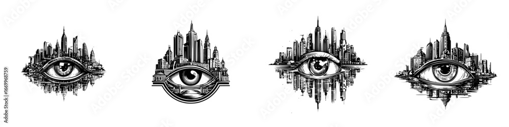 Obraz premium Urban cityscape with watchful eye emblem and architectural skyscrapers, minimalist monochrome icons