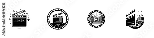 Cinema and filmmaking icons with clapperboards and film reels for movie production, minimalist monochrome icons