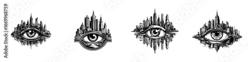 Urban cityscape with watchful eye emblem and architectural skyscrapers, minimalist monochrome icons