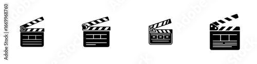 Film clapperboard icons set, black and white, minimalist monochrome icons