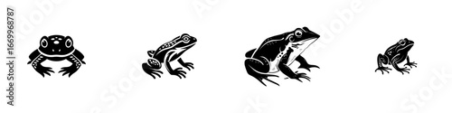 Stylized black frogs in various poses on white background, minimalist monochrome icons