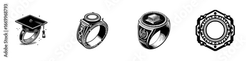 Academic and symbolic rings with graduation cap, minimalist monochrome icons