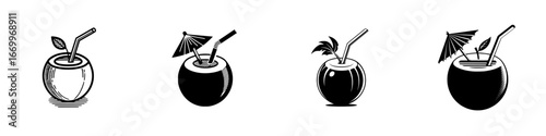 Tropical Coconut Drinks with Straws and Umbrellas, minimalist monochrome icons