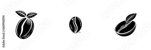 Coffee beans with leaves, linocut style, minimalist monochrome icons