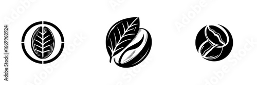 Coffee Bean and Leaf Icons, minimalist monochrome icons