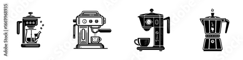 Coffee makers and brewing equipment, black and white line art, minimalist monochrome icons