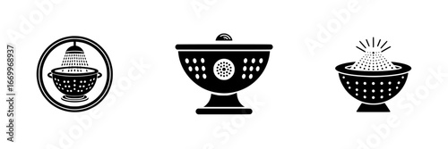 Kitchen Colander Icons for Washing, Draining, and Straining Food, minimalist monochrome icons