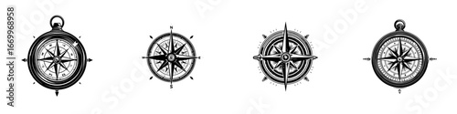 Vintage compasses and nautical navigation tools with cardinal directions and wind rose, minimalist monochrome icons