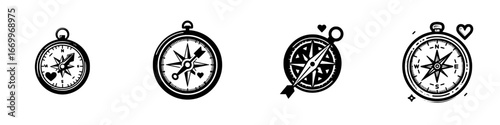 Free Download Vintage compass icons with hearts and directional arrows, minimalist monochrome icons - GFXLoad