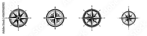 Vintage compasses with directional points and ornate detailing, black and white graphic elements, minimalist monochrome icons