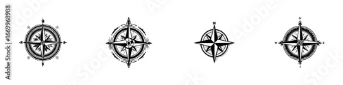 Vintage compass rose designs with directional points and decorative elements, minimalist monochrome icons
