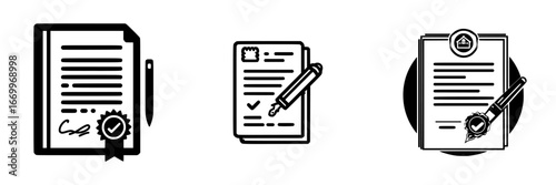 Contract signing and approval icons with pen and seal, minimalist monochrome icons