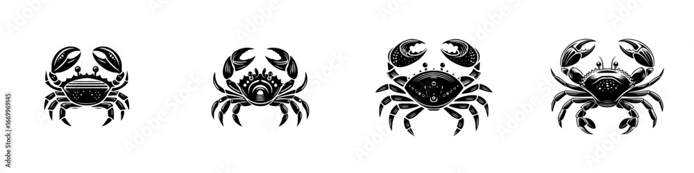 Obraz premium Stylized black crab silhouettes with detailed claws and shells on white background, minimalist monochrome icons