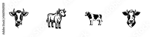 Stylized cow heads and farm animals in black and white graphic art, minimalist monochrome icons
