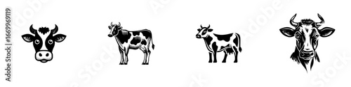 Stylized black and white cow portraits and full body depictions, minimalist monochrome icons