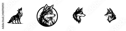 Stylized wolf head and howling wolf silhouette graphic art, minimalist monochrome icons