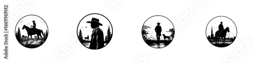 Cowboy with horse and dog in nature scenes, minimalist monochrome icons