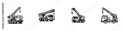 Mobile Crane Trucks with Telescopic Boom and Hook, minimalist monochrome icons
