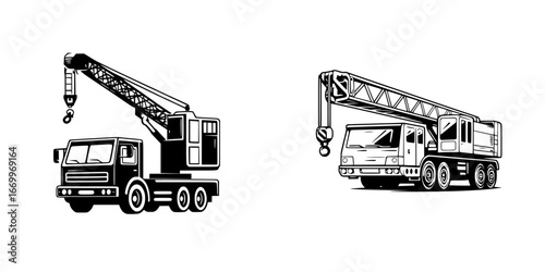 Heavy duty truck crane with extended boom and hook for lifting and construction, minimalist monochrome icons