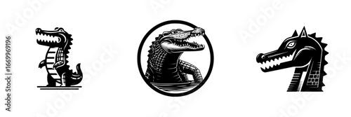 Alligator and crocodile heads with sharp teeth and scaly skin, minimalist monochrome icons