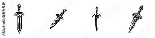 Stylized swords and daggers with ornate handles and sharp blades in a graphic style, minimalist monochrome icons
