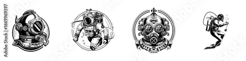 Vintage diving helmet and diver silhouette for retro deep sea exploration, minimalist monochrome icons