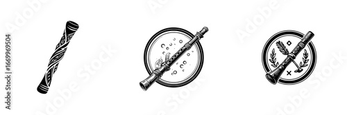 Ornate woodwind instrument with decorative musical symbols, minimalist monochrome icons