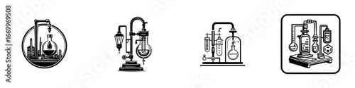 Vintage laboratory equipment with flasks and tubes for chemical experiments, minimalist monochrome icons