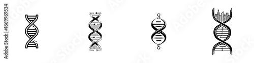 DNA helix icons with scientific and urban elements, minimalist monochrome icons