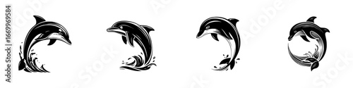 Stylized leaping dolphins with splashing water, black and white graphic, minimalist monochrome icons