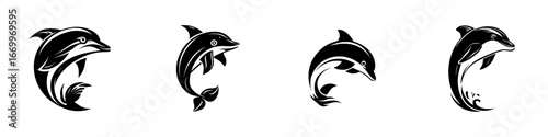 Dolphin Silhouettes with Flowing Lines and Waves, minimalist monochrome icons