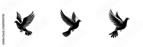 Three black doves in flight, wings spread, symbolizing peace and freedom, minimalist monochrome icons