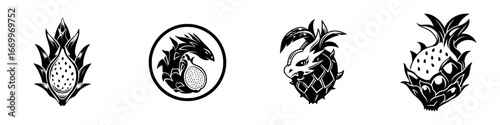 Mythical Beasts with Tropical Fruits and Flowers, minimalist monochrome icons