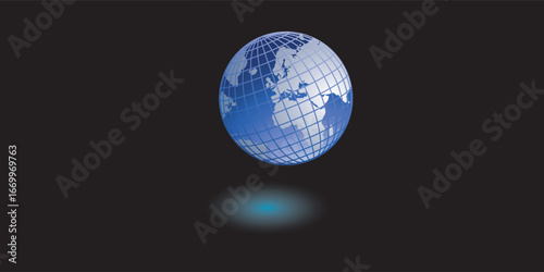Realistic Blue Globe with Grid Lines and Subtle Reflection.