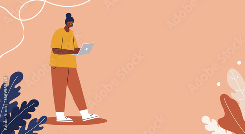 Young person using a laptop for remote work or online learning, embodying a modern, connected lifestyle. Ideal for tech, business, or education concepts.