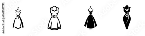 Elegant dresses and fashion silhouettes on display, minimalist monochrome icons