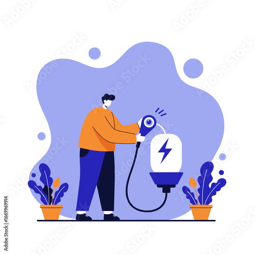 Man charging a large energy cell, symbolizing sustainable power, green technology, and environmental responsibility. Ideal for renewable energy concepts.