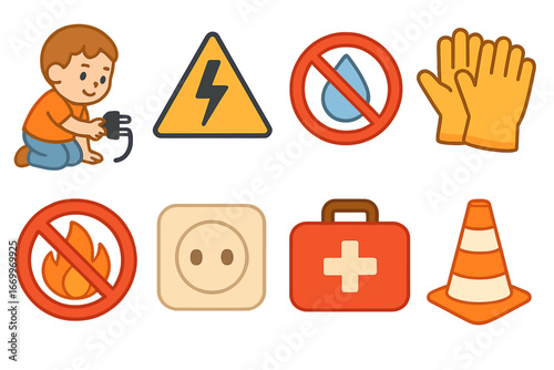 Child Safety Icons. Flat vector mini-illustrations plug safety in colors children's illustrations: child unplugging, warning sign,