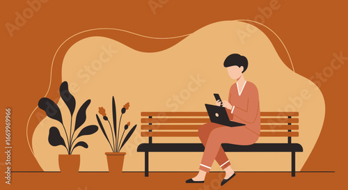 Person sitting on a bench, multitasking with a laptop and smartphone in a cozy, modern setting. Represents remote work, digital communication, and connected lifestyle.
