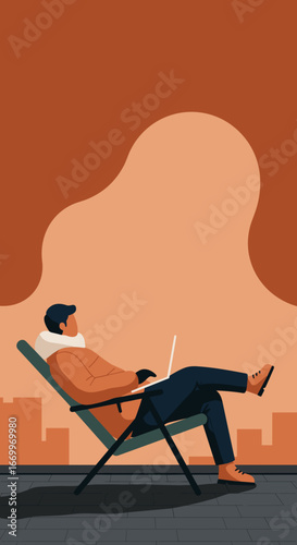 An illustrated man relaxes in a lounge chair on a city rooftop, working remotely on his laptop. Depicts modern work-life balance and urban leisure.