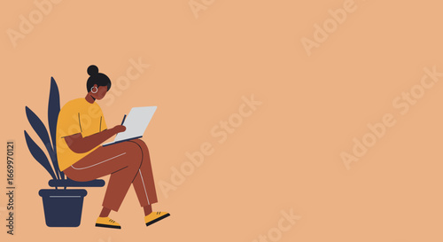 Professional woman working remotely on laptop at home next to a plant. Ideal for concepts of productivity, freelance work, or online education.