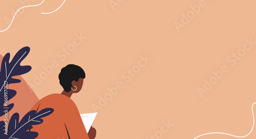 Minimalist illustration of a woman reading or studying, surrounded by abstract botanical elements. Perfect for creative business, education, or quiet lifestyle concepts.