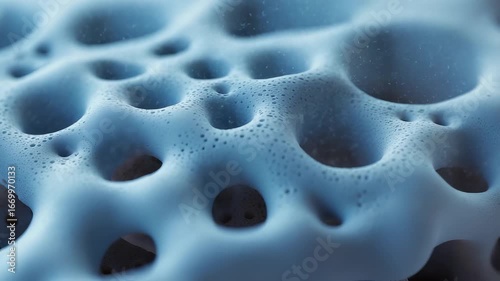 Abstract macro shot of porous blue sponge texture with organic holes and detailed surface pattern showing unique natural structural design