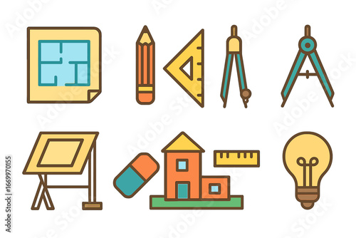 Child's Architectural Tools. Flat vector mini-illustrations architecture draft in colors children's illustrations: building