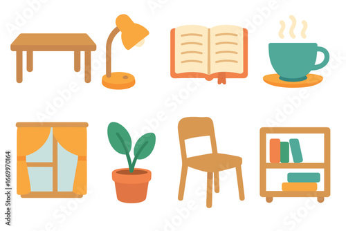 Child's Cozy Desk Scene. Flat vector mini-illustrations diary scenes in colors children's illustrations: desk, lamp, diary, cup of