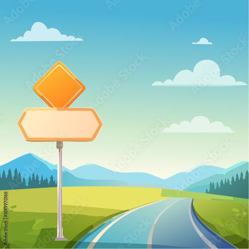 blank road sign with a blurred blue background