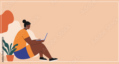 Young woman in casual attire sitting comfortably and working on her laptop at home. Ideal for remote work, online learning, digital lifestyle, and flexibility.