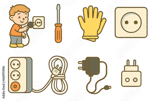 Child's Electrical Icons. Flat vector mini-illustrations plug installation in colors children's illustrations: child installing